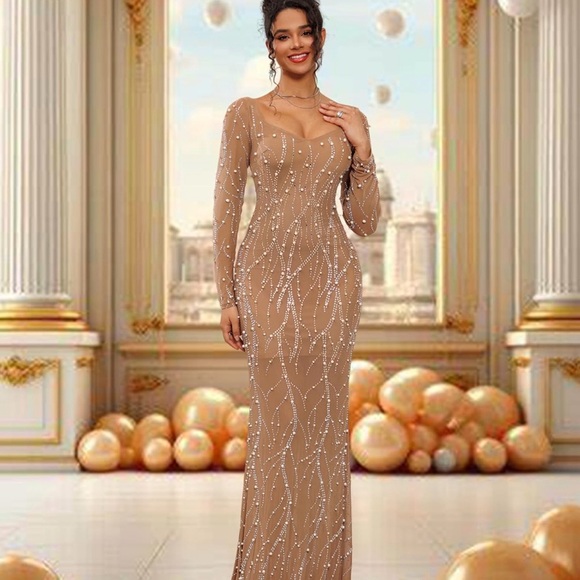 NKBRK Dresses & Skirts - Glamorous Long Sleeve Tan Dress with Embellishments
